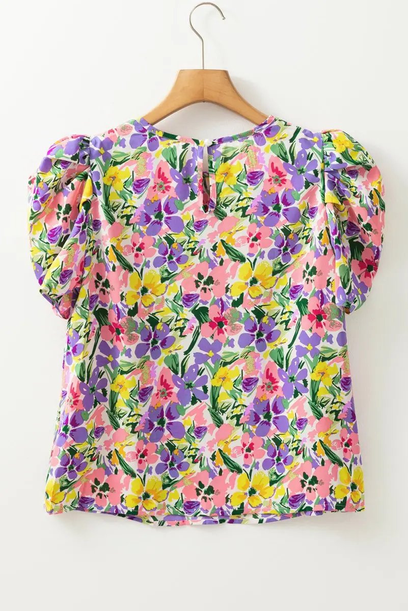 Purple Floral Print Puff Short Sleeve Crew Neck Blouse - Love Salve